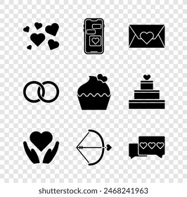 Set Heart, Mobile with heart, Envelope Valentine, hand, Bow arrow, Like, Wedding rings and cake icon. Vector