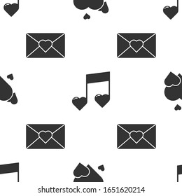 Set Heart, Music note, tone with hearts and Envelope with Valentine heart on seamless pattern. Vector