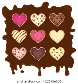set heart on chocolate background