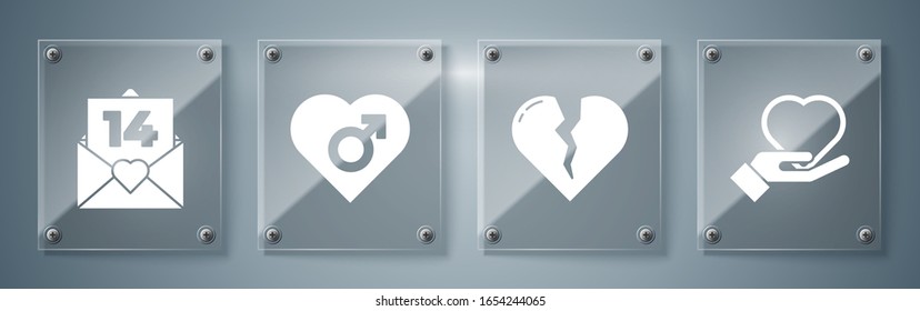Ponga el corazón en la mano, corazón roto o divorcio, corazón con género masculino y sobre con corazón de San Valentín. Paneles de vidrio cuadrado. Vector