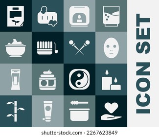 Set Heart on hand, Burning candle, Facial cosmetic mask, Aroma lamp, Sauna bucket ladle, Sea salt bowl, Leaf document and Knitting needles icon. Vector