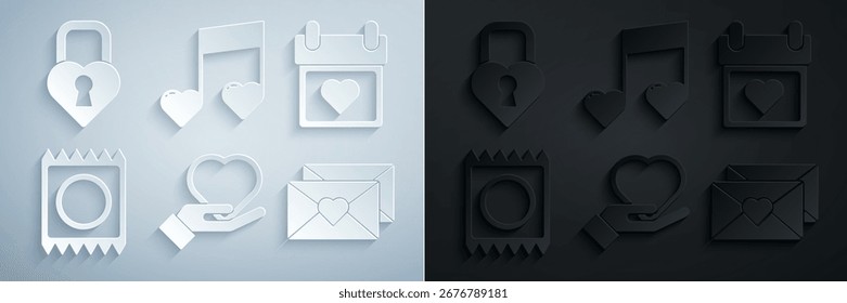 Set Corazón en la mano, Calendario con corazón, Condón en paquete, Sobre de San Valentín, Nota de música, corazones de tono y Castillo en forma de icono. Vector