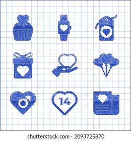 Ponga el corazón en la mano, sobre con el corazón de San Valentín, forma de globos, género masculino, caja de regalo, etiqueta e icono de pastel de boda. Vector