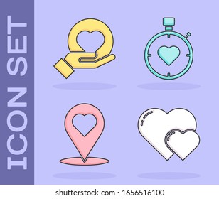 Set Heart, Heart on hand, Map pointer with heart and Heart in the center stopwatch icon. Vector