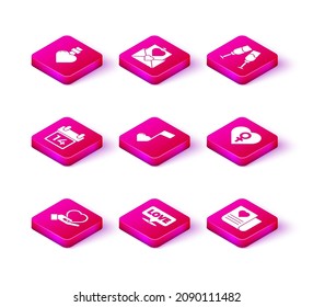 Poner el corazón en la mano, burbuja del discurso con el amor al texto, Calendario 14 de febrero, Nota musical, corazones de tono, Sobre Valentine, género femenino, Vidrio de champán e ícono. Vector
