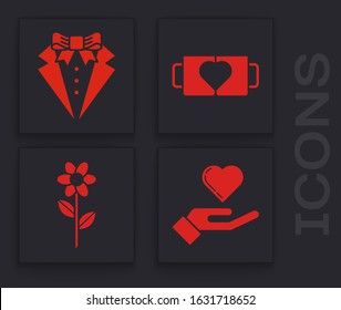 Set Heart on hand, Suit, Two coffee cup and heart and Flower icon. Vector