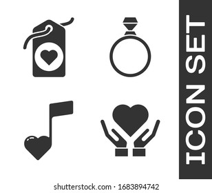 Establecer Corazón a mano, Etiqueta del corazón, Nota musical, tono con corazones y icono del anillo de compromiso de diamantes. Vector
