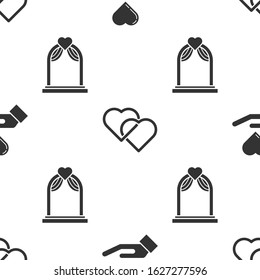 Set Heart on hand, Two Linked Hearts and Wedding arch on seamless pattern. Vector