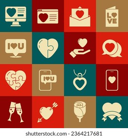 Set Heart, Online dating app and chat, speech bubble, Envelope with Valentine heart, Speech I love you, Dating online and hand icon. Vector