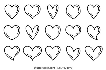 Set of heart outline icons. Hearts of various vector shapes. Editable Stroke.