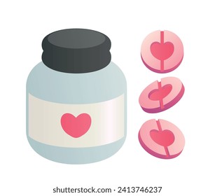 Colocado con frasco de píldoras cardíacas, comprimidos aislados de color rosa con patrón cardíaco. Una cura para el dolor de corazón, la angustia emocional y la tristeza, empacada en un lindo estilo 3D. Ilustración vectorial con un toque de humor.