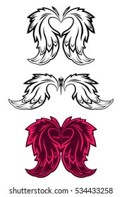 Set of heart with pink angel wings. Angelic love. Vector illustration. Icon hearts with wings on a white background. Elements of hearts with wings for web design, Tattoo and registration cards.