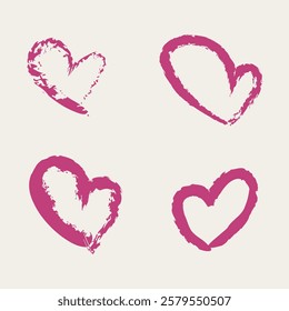 Set of heart pink drawn hand brush stroke design