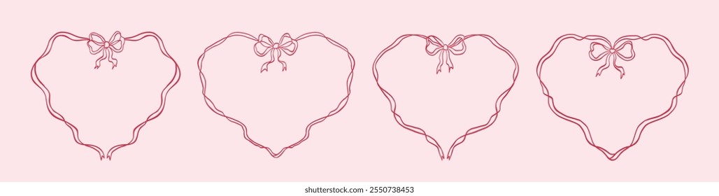 Set of heart pink frames with bow and ribbons. Hand drawn vintage coquette borders. Minimalist line art. Trendy elegant frames for wedding invitation, birthday card, holiday poster, cover, banner.