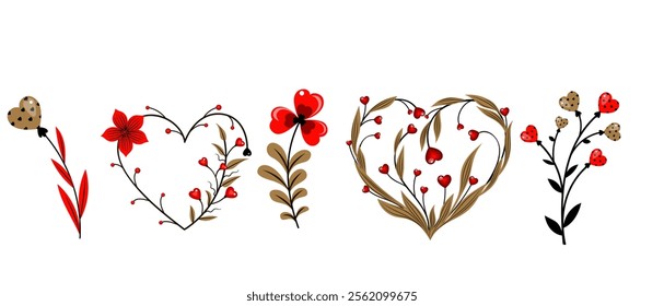 Set of heart plant elements hand-drawn Valentine's Day. Isolate on a white background. hand drawn vector illustration