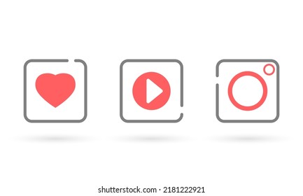 Set of heart, play, camera icon, Social icon