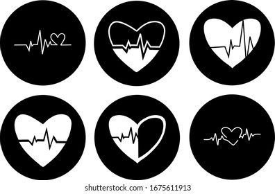 Set of heart pulse in black circle icons. Heartbeat, cardiogram. Love healthcare, medical. Modern simple design. Icon,sign or logo. Flat style vector illustration. 