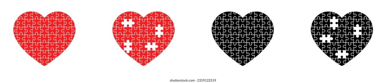 Set of heart puzzle vector icons. Pieces jigsaw in love shape. Black and red puzzle heart with missing element. Vector 10 Eps.