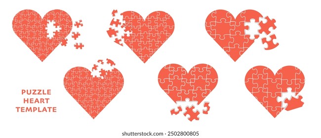 Set of heart puzzle vector icons. Broken pieces jigsaw set