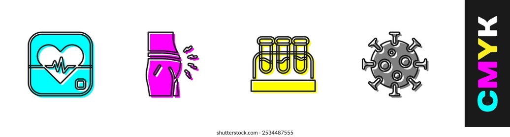 Set Heart rate, Abdominal bloating, Test tube with blood and Virus icon. Vector