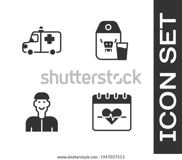 Set Heart rate,
Ambulance and emergency car, Positive thinking and Paper package
for milk icon. Vector