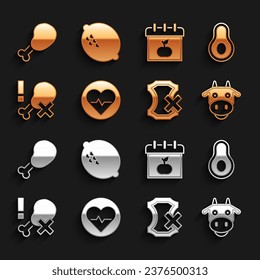 Set Heart rate, Avocado fruit, Cow head, No leather, chicken leg, World Vegetarian day, Chicken and Lemon icon. Vector