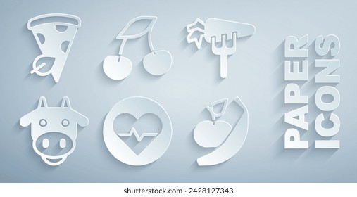 Set Heart rate, Carrot, Cow head, Apple and banana, Fresh berries and Vegan pizza slice icon. Vector