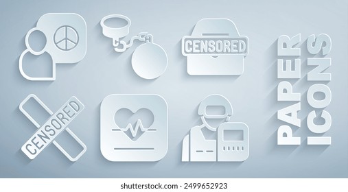 Set Heart rate, Censored stamp, Police officer, Ball on chain and Peace talks icon. Vector