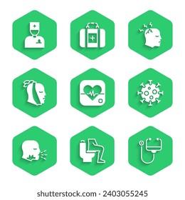 Fijar la frecuencia cardíaca, el estreñimiento, el estetioscopio, el virus, la tos del hombre, el dolor de dientes, el dolor de cabeza y el icono del médico masculino. Vector