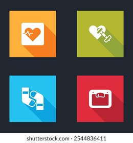 Set Heart rate, Dumbbell with heart, Socks and Bathroom scales icon. Vector