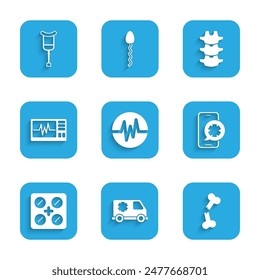 Set Heart rate, Emergency car, Human broken bone, phone call, Pills in blister pack, Monitor with cardiogram, spine and Crutch crutches icon. Vector