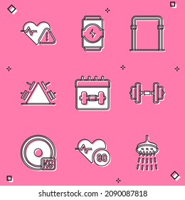 Set Heart rate, Energy drink, Sport horizontal bar, Metal rack with weight, Calendar fitness, Dumbbell, Weight plate and  icon. Vector