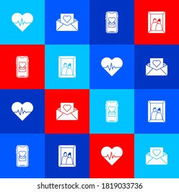 Set Heart rate, Envelope with Valentine heart, Mobile and Picture frame icon. Vector.