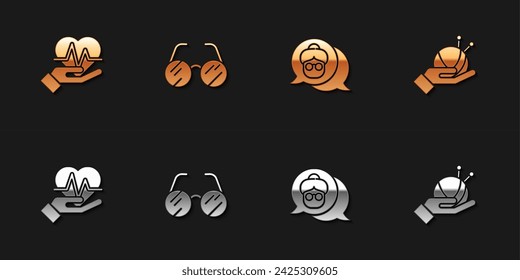 Set Heart rate, Eyeglasses, Grandmother and Yarn ball with knitting needles icon. Vector