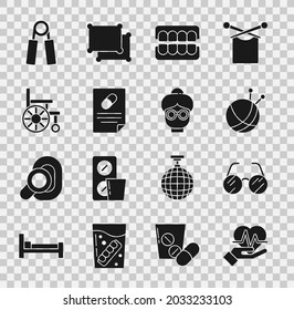 Set Heart rate, Eyeglasses, Yarn ball with knitting needles, False jaw, Medical prescription, Wheelchair, Sport expander and Grandmother icon. Vector