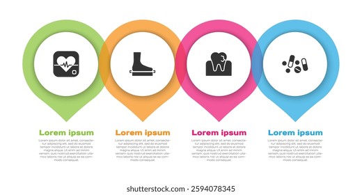 Set Heart rate, Flat foot, Tooth with caries and Medicine pill or tablet. Business infographic template. Vector
