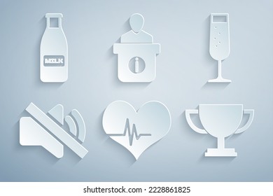 Fijar la velocidad del corazón, Vidrio de champán, Silencio del altavoz, Copa de Trofeo, Escritorio de información y leche de botella e icono de la tapa. Vector