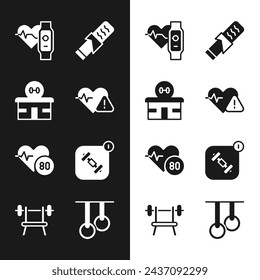 Set Heart rate, Gym building, Smart watch with heart, Protein sport bar, Fitness app, Gymnastic rings and Bench barbell icon. Vector