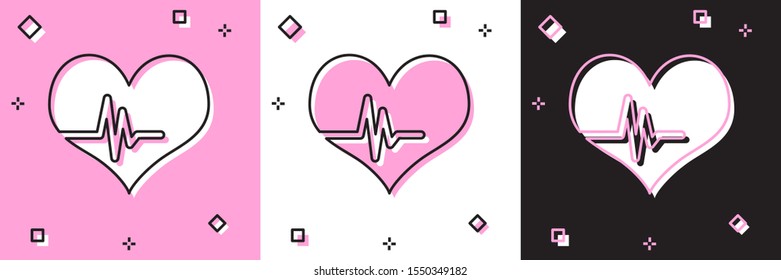 Set Heart rate icon isolated on pink and white, black background. Heartbeat sign. Heart pulse icon. Cardiogram icon.  Vector Illustration