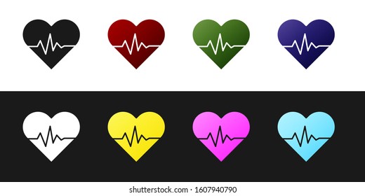 Set Heart rate icon isolated on black and white background. Heartbeat sign. Heart pulse icon. Cardiogram icon.  Vector Illustration
