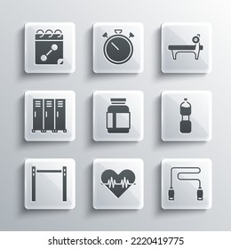 Set Heart rate, Jump rope, Bottle of water, Sports nutrition, Horizontal bar, Locker changing room, Calendar fitness and Bench with barbel icon. Vector