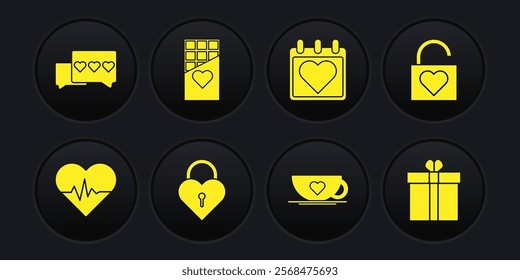 Set Heart rate, Lock and heart, Castle in the shape of, Coffee cup, Calendar with, Chocolate bar, Gift box and Like icon. Vector