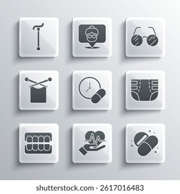 Set Heart rate, Medicine pill or tablet, Adult diaper, False jaw, Knitting, Walking stick cane and Eyeglasses icon. Vector