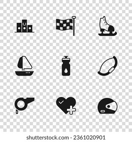 Set Heart rate, Medieval bow, Racing helmet, Fitness shaker, Skates, Award over sports winner podium, Checkered flag and Yacht sailboat icon. Vector