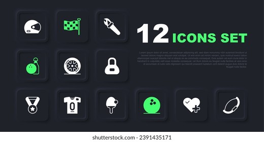 Set Heart rate, Medieval bow, Car wheel, Bowling ball, pin and, Football jersey t-shirt, Checkered flag and Racket icon. Vector