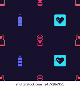 Set Heart rate, Punching bag, Location gym and Sleeveless t-shirt on seamless pattern. Vector