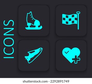 Set Heart rate, Skates, Checkered flag and Fitness sneakers shoes icon. Black square button. Vector