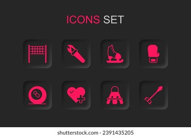 Set Heart rate, Torch flame, Volleyball net, Badminton shuttlecock, Boxing glove, Medieval arrows, Skates and Billiard pool snooker icon. Vector