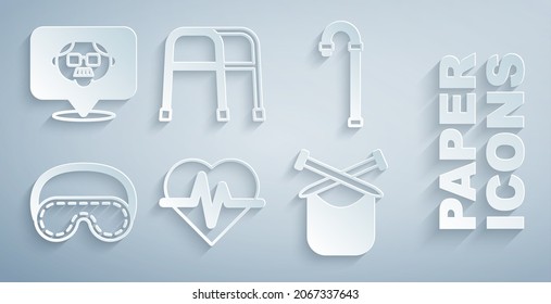 Set Heart rate, Walking stick cane, Eye sleep mask, Knitting, Walker and Grandfather icon. Vector