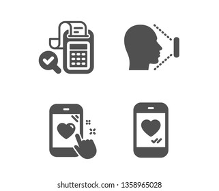 Set of Heart rating, Face id and Bill accounting icons. Love chat sign. Phone feedback, Identification system, Audit report. Smartphone.  Classic design heart rating icon. Flat design. Vector